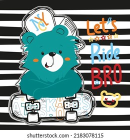 Cool teddy bear with skateboard on black and white striped backgrounds illustration vector, T-shirt graphic design.