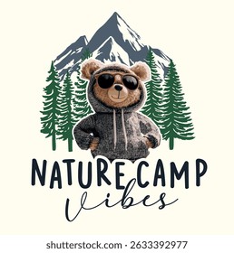 Cool teddy bear vector illustration.Camper bear drawing as vector with cute bear cartoon and typo for kids fashion.College themed, cute animal graphic print for textiles.Teddy bear graphic. Animal art