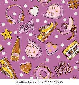 Cool teen print. Fashion patch badges with sneakers, headphones, cap, bottle of water, cassette, banana, hearts, asterisk, lifebuoy. Seamless vector pattern isolated on a dark background. Vector