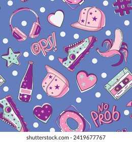 Cool teen print pattern. Fashion patch badges with sneakers, headphones, cap, bottle of water, cassette, banana, hearts, asterisk, lifebuoy. Seamless vector pattern. Vector illustration. Hand-Drawn.