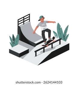 "Cool Teen Skateboarding on Rail at Urban Skatepark — Flat Vector Illustration"