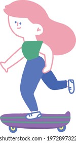 Cool teenage girl with pink hair plays surf skate with purple skateboard, in colorful and sweet cartoon style.