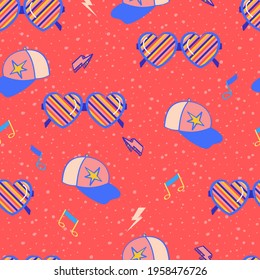 Cool Teenager Fashion Accessories Cap and Glasses Vector Seamless Pattern