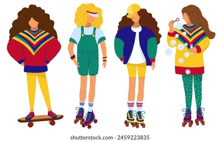 Cool teenager girls  from the 80s - 90s vibes, roller skates, skateboarding, skates, in colorful trendy fashion clothes, vintage, retro. Bubble gums, dog. illustration vector.
