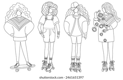 Cool teenager girls  from the 80s - 90s vibes, roller skates, skateboarding, skates, in trendy fashion clothes, vintage, retro. Bubble gums. Line art illustration vector.