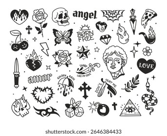 Cool temporary Tattoo designs collection of vintage Y2k style and Old School. Doodle tattoo signs and symbols for clothing prints, print fabric, patterns. Editable vector fashion background