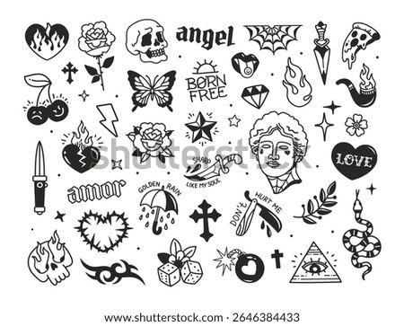 Cool temporary Tattoo designs collection of vintage Y2k style and Old School. Doodle tattoo signs and symbols for clothing prints, print fabric, patterns. Editable vector fashion background
