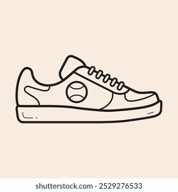 Cool tennis shoes with tennis ball logo, laces, sole and tongue vector outline icon