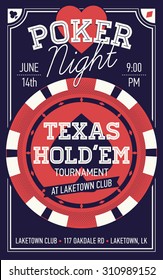Cool Texas Hold'em poker night invite or banner template with rich lettering and casino poker chip. Ideal for printable gaming event promotion in clubs, bars, pubs and public places