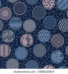 Cool textile print geometric endless pattern. Circular shapes with geometric abstractions inside. Asian motives in bubbles. Speckled texture background. Gift packaging design.