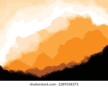 Cool textured yellowy orange cloud with black decoration on the bottom vector background isolated on horizontal landscape shaped template. Vector wallpaper for social media or website cover post.