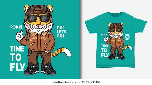 Cool Tiger Cartoon, Tiger Pilot Illustration With T-shirt Mock Up.