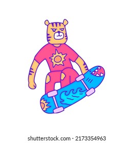 Cool tiger character freestyle with skateboard, illustration for t-shirt, sticker, or apparel merchandise. With modern pop art.