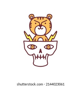 Cool tiger mascot with lightning inside skull head, illustration for t-shirt, sticker, or apparel merchandise. With doodle, retro, and cartoon style.