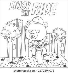 Cool tiger and motorcycle funny animal cartoon. Creative vector childish design for kids activity coloring book or page.