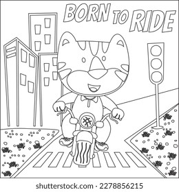cool tiger and motorcycle funny animal cartoon. Creative vector childish design for kids activity coloring book or page.