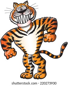 Cool tiger with pointy ears, long tail and athletic body while clenching its eyes and fists, grinning and posing in a funny way