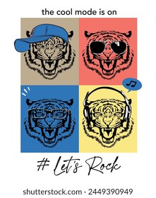 Cool tiger rock music illustration, vector print