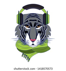 Cool tiger with scarf and headphones fashion accesories cartoon vector illustration graphic design