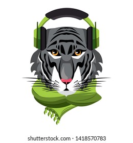 Cool tiger with scarf and headphones fashion accesories cartoon vector illustration graphic design