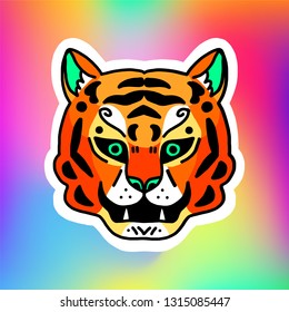 Cool tiger sticker. Wild cat isolated on holographic background.