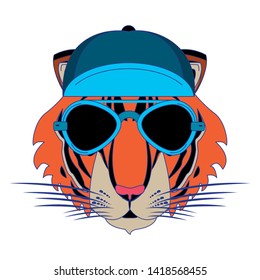 Cool tiger with sunglasses and hat fashion accesories head cartoon vector illustration graphic design