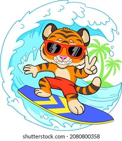 Cool tiger surfer rides a sea wave. Symbol of Chinese new year 2022 Vector illustration isolated