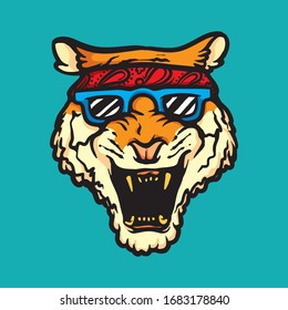 Cool tiger wearing blue sunglasses and red bandana with golden teeth. Animal mascot vector concept. Roaring tiger