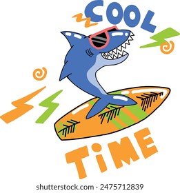 cool time. Print with surf shark for t-shirt, stationery and other design.