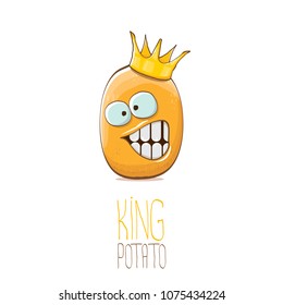 cool tiny king potato cartoon character with golden crown isolated on white background. My name is potato vector concept illustration. funky summer vegetable food character