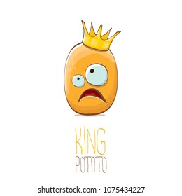 cool tiny king potato cartoon character with golden crown isolated on white background. My name is potato vector concept illustration. funky summer vegetable food character