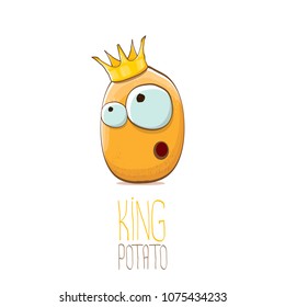 cool tiny king potato cartoon character with golden crown isolated on white background. My name is potato vector concept illustration. funky summer vegetable food character