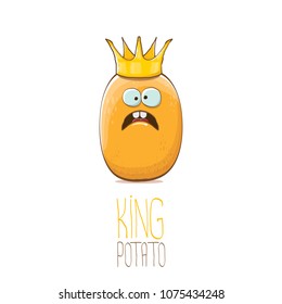 cool tiny king potato cartoon character with golden crown isolated on white background. My name is potato vector concept illustration. funky summer vegetable food character