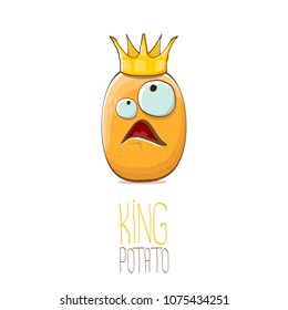 cool tiny king potato cartoon character with golden crown isolated on white background. My name is potato vector concept illustration. funky summer vegetable food character
