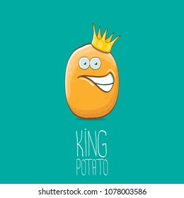 cool tiny king potato cartoon character with golden crown isolated on torquise background. My name is potato vector concept illustration. funky summer vegetable food character
