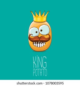 cool tiny king potato cartoon character with golden crown isolated on torquise background. My name is potato vector concept illustration. funky summer vegetable food character
