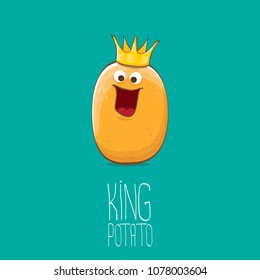 cool tiny king potato cartoon character with golden crown isolated on torquise background. My name is potato vector concept illustration. funky summer vegetable food character
