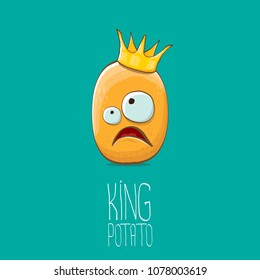 cool tiny king potato cartoon character with golden crown isolated on torquise background. My name is potato vector concept illustration. funky summer vegetable food character
