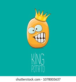 cool tiny king potato cartoon character with golden crown isolated on torquise background. My name is potato vector concept illustration. funky summer vegetable food character
