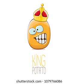 cool tiny king potato cartoon character with golden crown isolated on white background. My name is potato vector concept illustration. funky summer vegetable food character