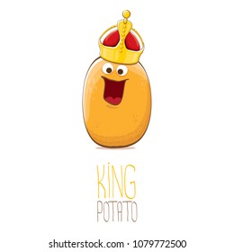 cool tiny king potato cartoon character with golden crown isolated on white background. My name is potato vector concept illustration. funky summer vegetable food character