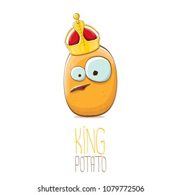 cool tiny king potato cartoon character with golden crown isolated on white background. My name is potato vector concept illustration. funky summer vegetable food character