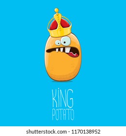 cool tiny king potato cartoon character with golden crown isolated on blue background. My name is potato vector concept illustration. funky summer vegetable food character