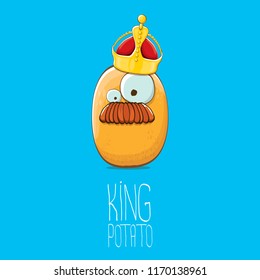 cool tiny king potato cartoon character with golden crown isolated on blue background. My name is potato vector concept illustration. funky summer vegetable food character