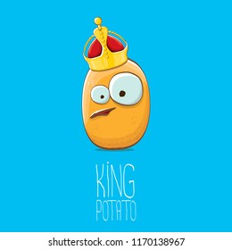 cool tiny king potato cartoon character with golden crown isolated on blue background. My name is potato vector concept illustration. funky summer vegetable food character