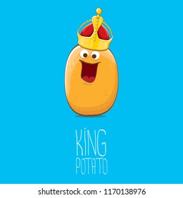 cool tiny king potato cartoon character with golden crown isolated on blue background. My name is potato vector concept illustration. funky summer vegetable food character