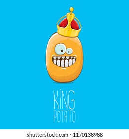 cool tiny king potato cartoon character with golden crown isolated on blue background. My name is potato vector concept illustration. funky summer vegetable food character