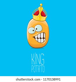 cool tiny king potato cartoon character with golden crown isolated on blue background. My name is potato vector concept illustration. funky summer vegetable food character