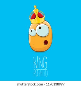 cool tiny king potato cartoon character with golden crown isolated on blue background. My name is potato vector concept illustration. funky summer vegetable food character