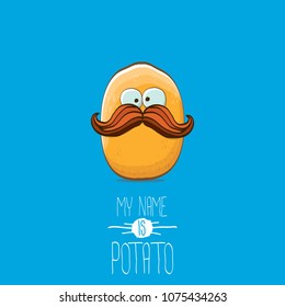 cool tiny potato cartoon character isolated on blue background. My name is potato vector concept illustration. funky summer vegetable food character